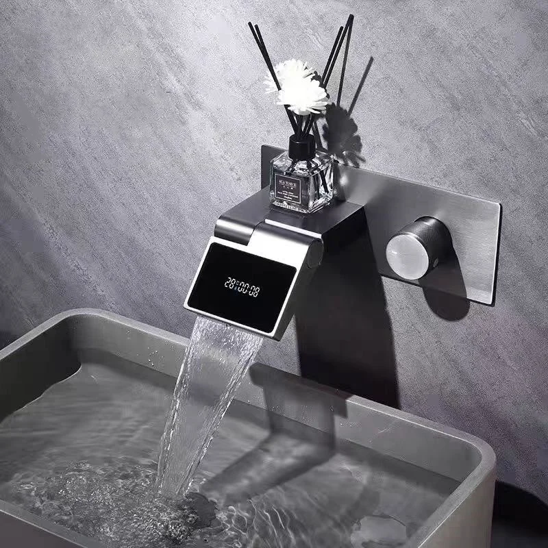 Digital display folding wall faucet, gray concealed built-in basin, hot and cold copper wall, wall drainage