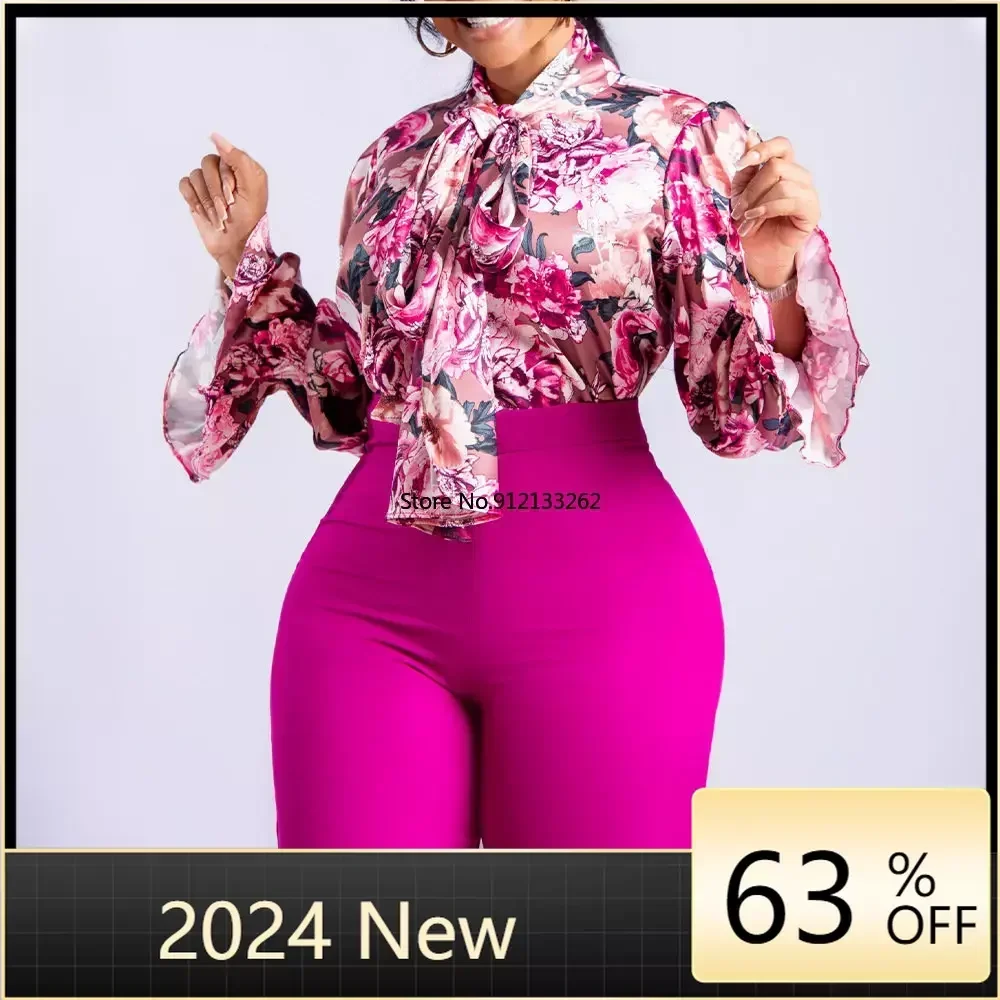 

2023 New 2 Piece Women's Flower Print Top Shirt Pants Suit Sexy Casual Commuter Elegant Clothing Lace-up Wide-leg Pants