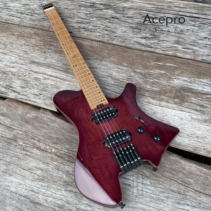 Acepro Headless Electric Guitar, Gloss Purple Koa Top, Stainless Steel Frets, Roasted Maple Neck, Black Hardware, Guitarra