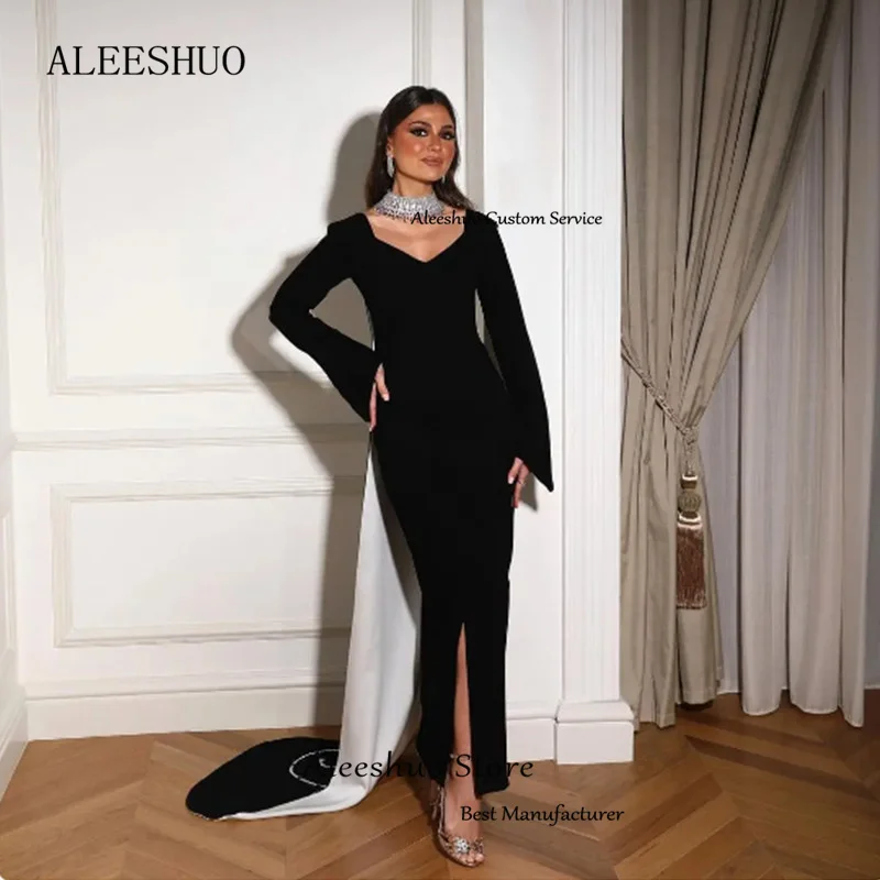 Aleeshuo Muslim V neck Black Straight Evening Dresse Glitter Beadings Crystal Long Sleeves Evening Gowns Robe soirée Side Slit