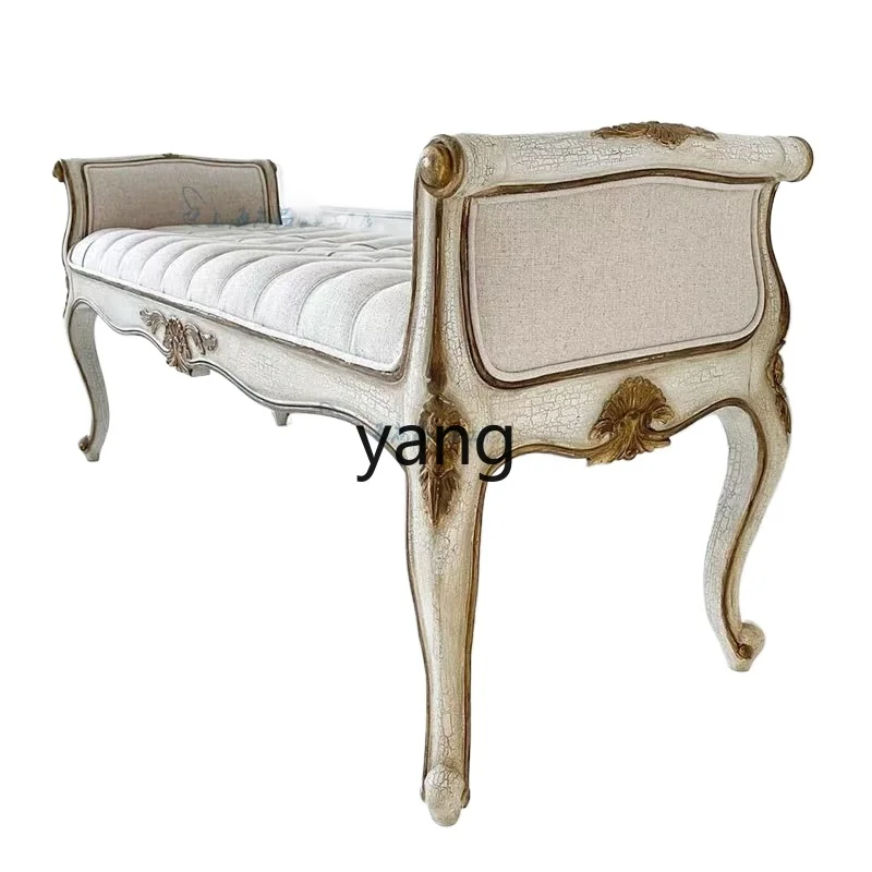 

ZJJ Oak Solid Wood Bed End Stool Vintage Gold Carving Classical Shoe Changing Fabric Bedside