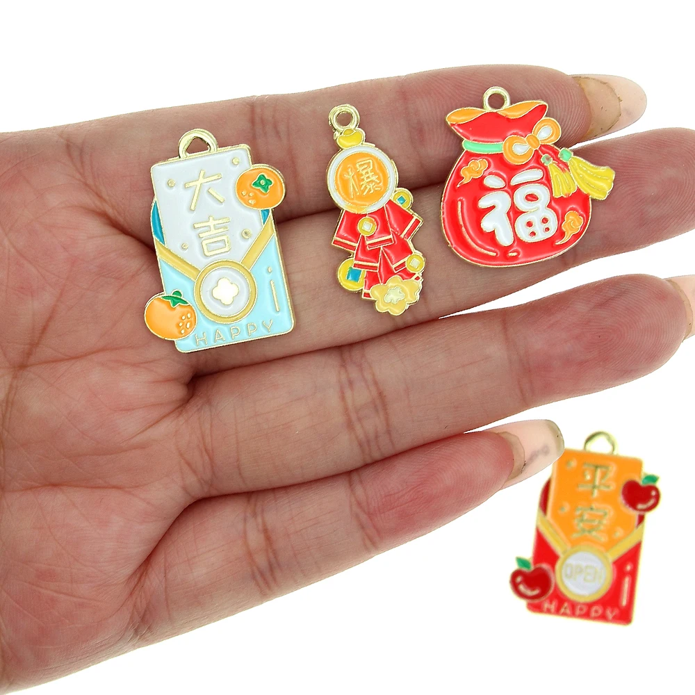 10pcs Chinese Dragon Happy New Year Spring Holiday Blessing Firecrackers Oil Enamel DIY Charms for Bag Earring Necklace Jewelry