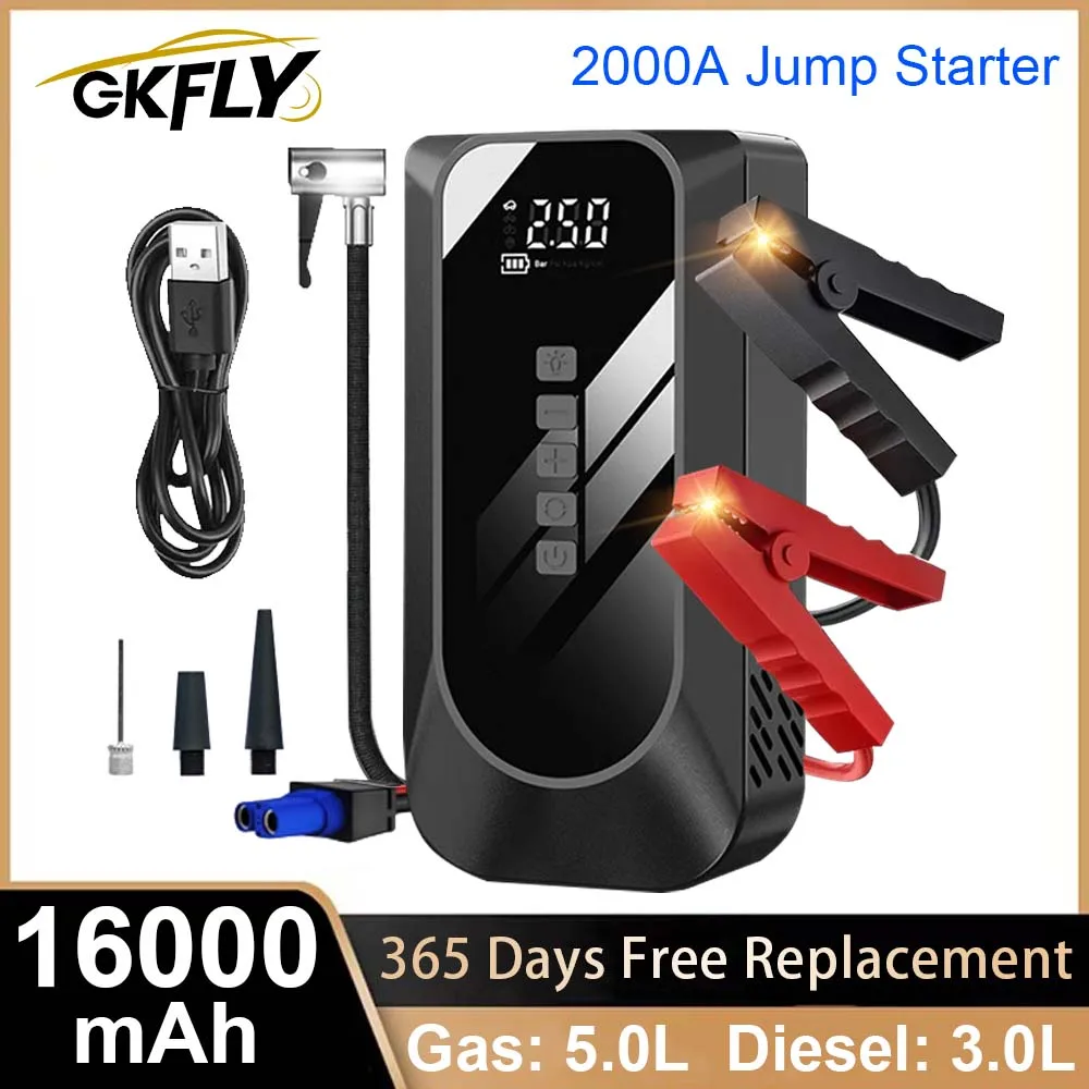 

GKFLY New 2000A Car Jump Starter Power Bank Portable 150PSI Air Pump Car Battery Emergency Boosters Starting Device Car Starter