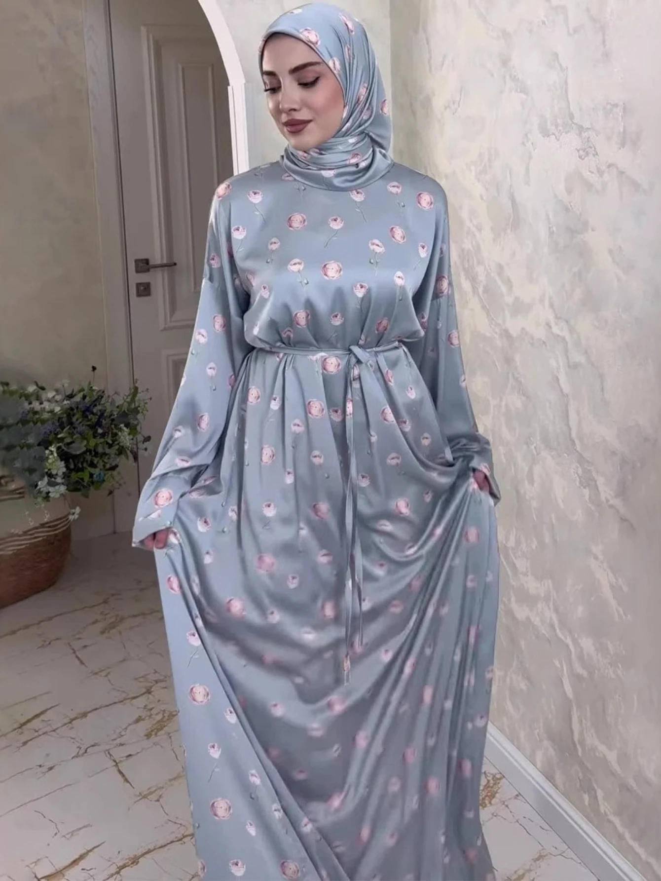 Eid Frauen Kleid Muslimischen Schal Abaya 2-teiliges Set Print Party Jalabiya Ramadan Lange Kleider Vestidos Largos Arabischen Robe Marokko