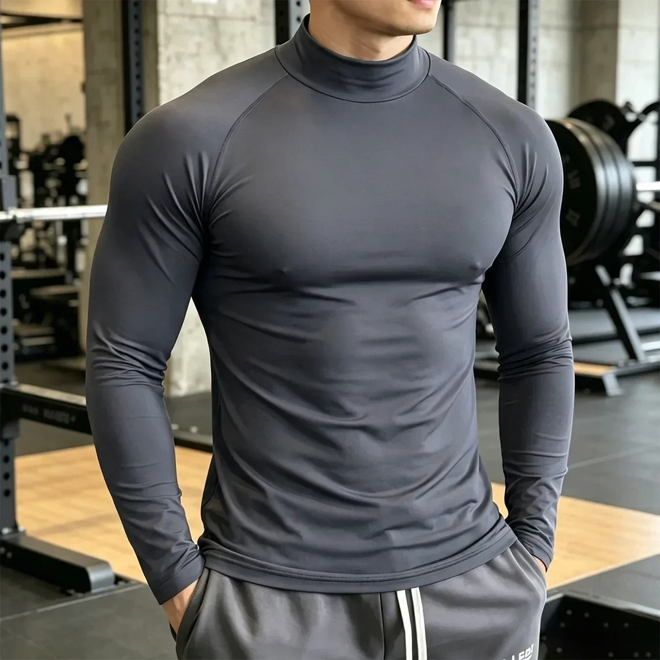 Herren Raglan Mock Neck Kompressions-Langarmshirts 4-Wege-Stretch Schnelltrocknend Gym Fahrrad Klettern Sport Baselayer Unterhemden – Detail 13