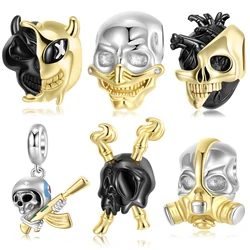 Jiuhao 925 Sterling Silver Gold Skull Mask Double Face Black Devil Bead Charms for Women Diy Making Bracelet Bangle
