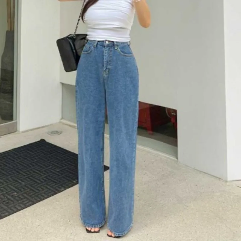 Boyfriend Style Blue Jeans Women Streetwear High Waisted Korean Fashion Straight Jeans Female High Street Denim Pants Mom