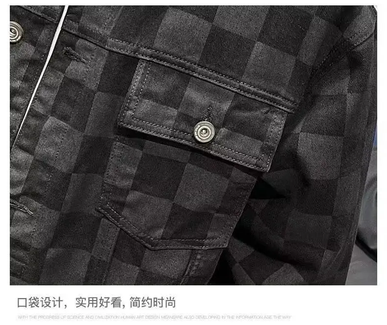 New Men\'s Clothing Designer Clothes Thick Plaid Denim Jacket Black Spring Autumn Casual Loose Fit Cool Jackets Coats for Men