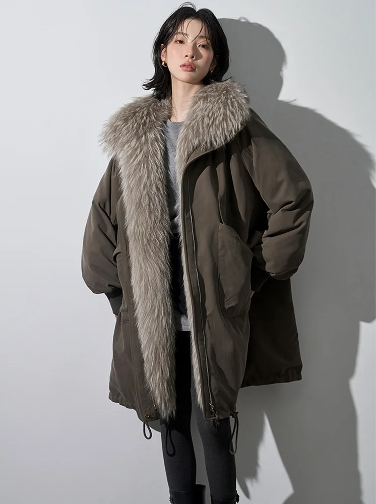 سترة نسائية شتوية غير رسمية طويلة من ريش الإوز معاطف بياقة من فراء الراكون الطبيعي سترات منتفخة معاطف خارجية #1