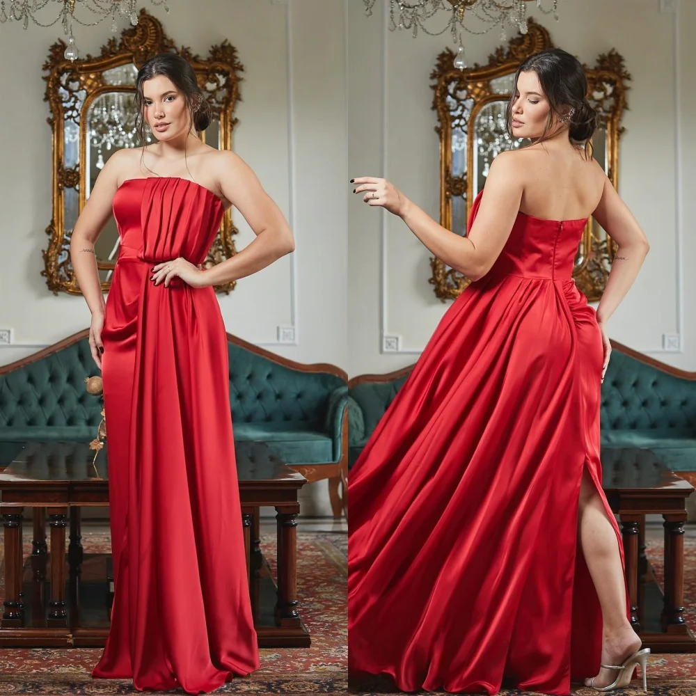 Robe Trapèze en Satin Drapée et Froncée, Tenue Longue Sans Bretelles pour Occasions d'Anniversaire, sur Mesure