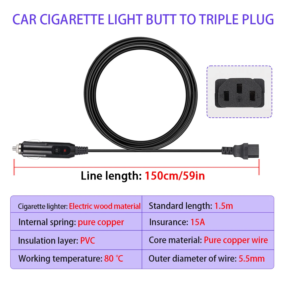 1.5M Car Power Cord 3-Pin Plug Cigarette Lighter Male Plug Cable for Truck Rice Cooker Electric Pressure Cookers Car Universal