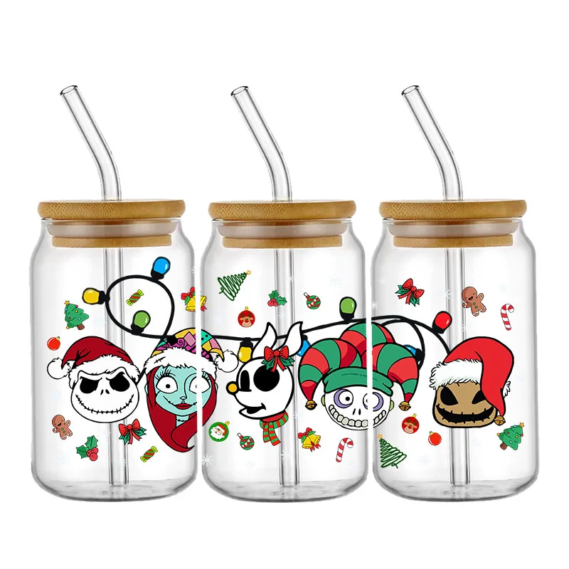 Chirstmas Nightmare Stickers Jack Sally Waterproof UV DTF Cup Mug Wraps Sticker DIY 3D Wrap Decal For 16oz Libbey Glass