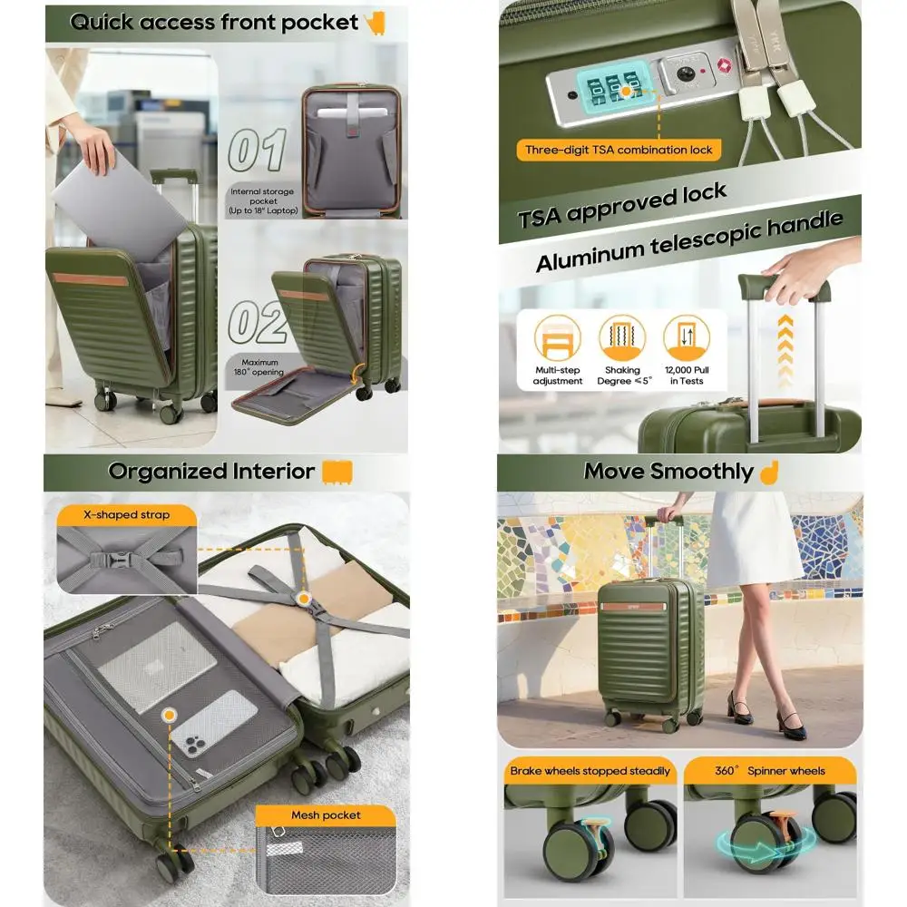 

20 Inch TSA-Approved Hard Shell Spinner Luggage with Front Pocket and Cup Holder for Travel