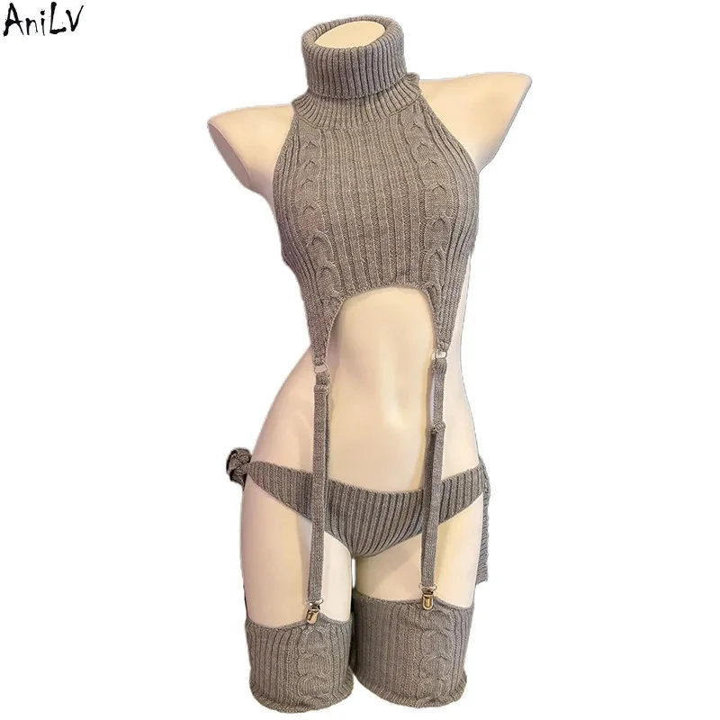 

AniLV Anime Cat Girl Gray Turtleneck Sweater Uniform Outfit Cosplay Women Backless Knit Clothes Garter Stocking Costume