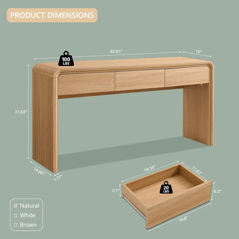 63'' ole Table with 3 Ders, ern Entryway Table with Curved Proile Design, Narrow Long Wood Soa Table Behind Couch Table or Livin