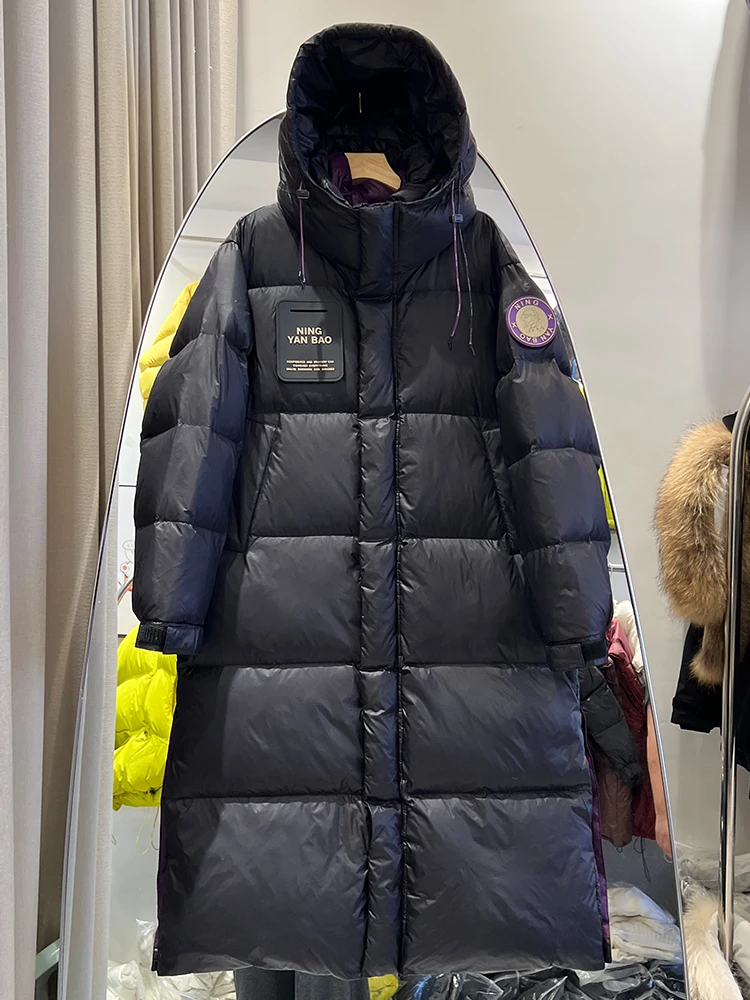 شتاء جديد الذهب الأسود طويل فوق الركبة مقنعين أسفل سترة المرأة فضفاضة وسميكة أزياء الدافئة الأبيض بطة أسفل معطف #1