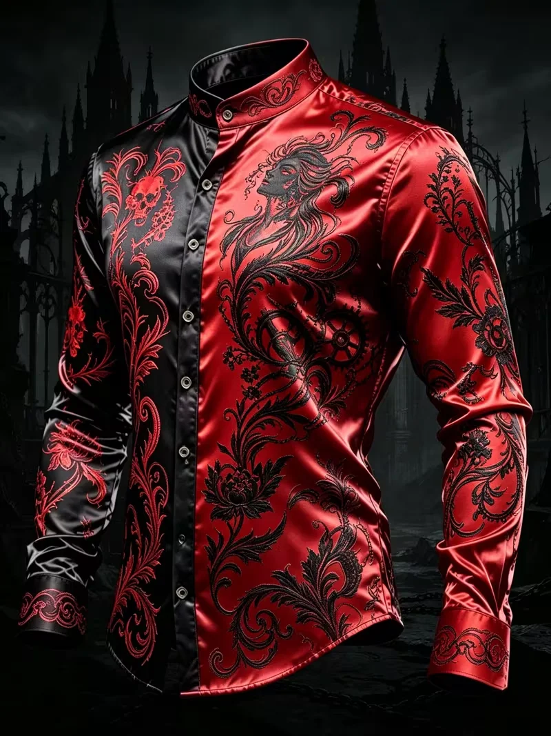New Black Gold Geometric Desert Architecture Landscape Printed Long Sleeve Shirt Shiny Satin Men's Top