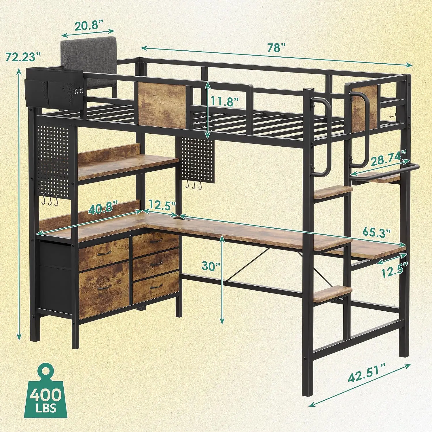 Twin Loft Bed With Desk & 5 Drawers & LED Lights Wood, Customized