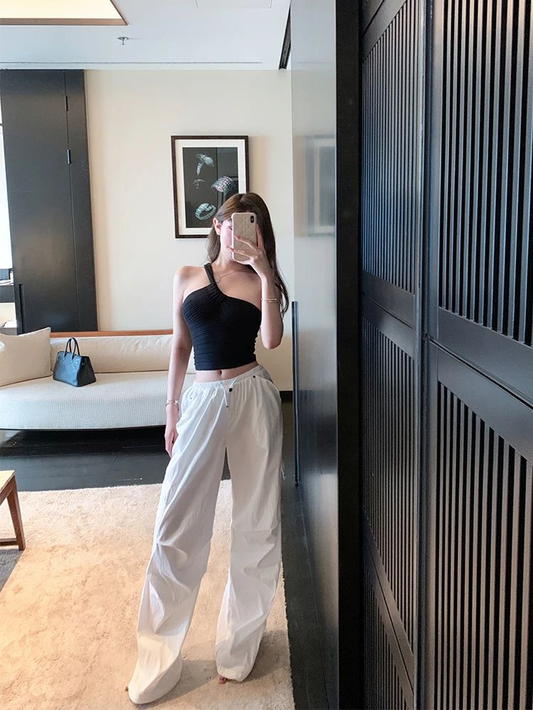 

Gaga Non-Circular Transparent White Workwear Casual Pants Women High Waist Straight Leg Loose Fit Summer 2025 Polyester Fiber