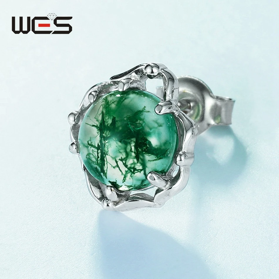 WES 925 فضة قطع مستديرة الحجر الطبيعي 8*8 مللي متر الطحلب العقيق وأقراط للمرأة جوهرة المشاركة هدية مجوهرات بالجملة #4