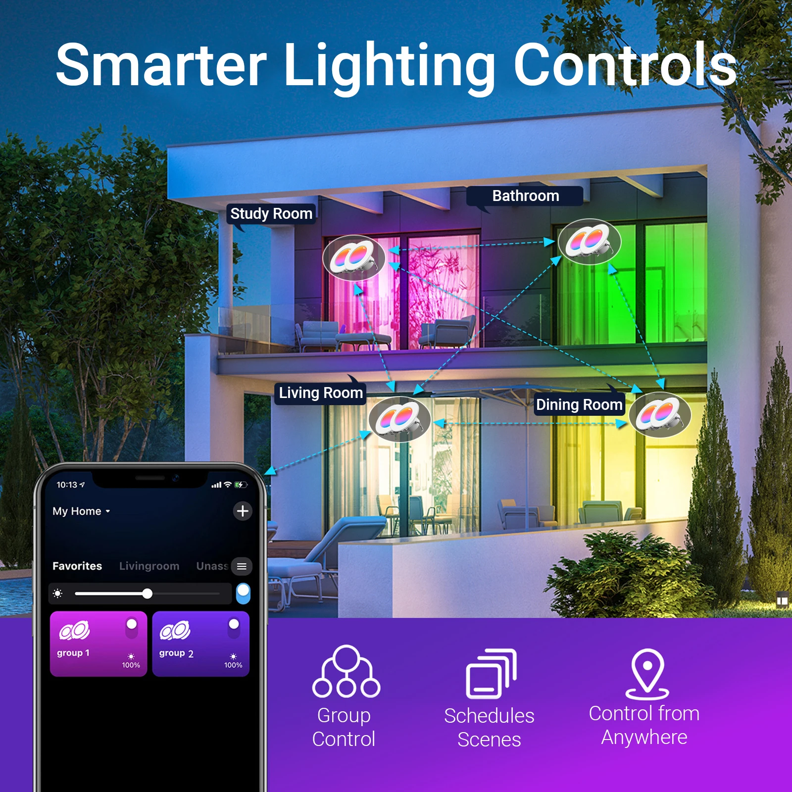 Умный Wi-Fi светодиодный встраиваемый светильник 5 Вт для Bluetooth RGBCW, меняющий цвет, потолочный светильник с регулируемой яркостью, совместимый с Alexa и Google