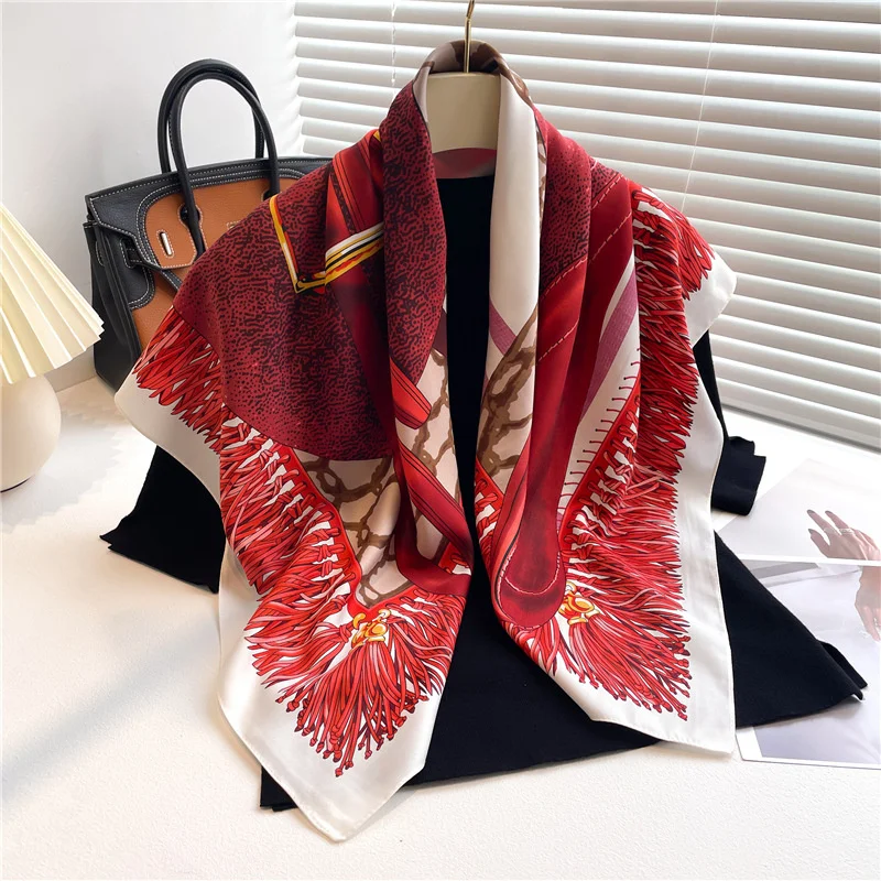 Women Luxury Silk Scarf Printed Scarves Twill Large Square 90x90cm Shawl Travel Headscarf Hijab Bandana Neckerchief Foulard Lady