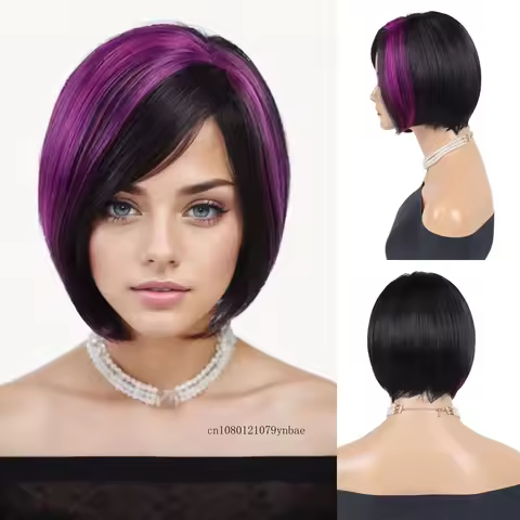 Synthetic Black Mix Purple Wig for Women Girls Short Straight Bob Wig Natural Looking Cosplay Anime Costume Wigs Heat Resistant
