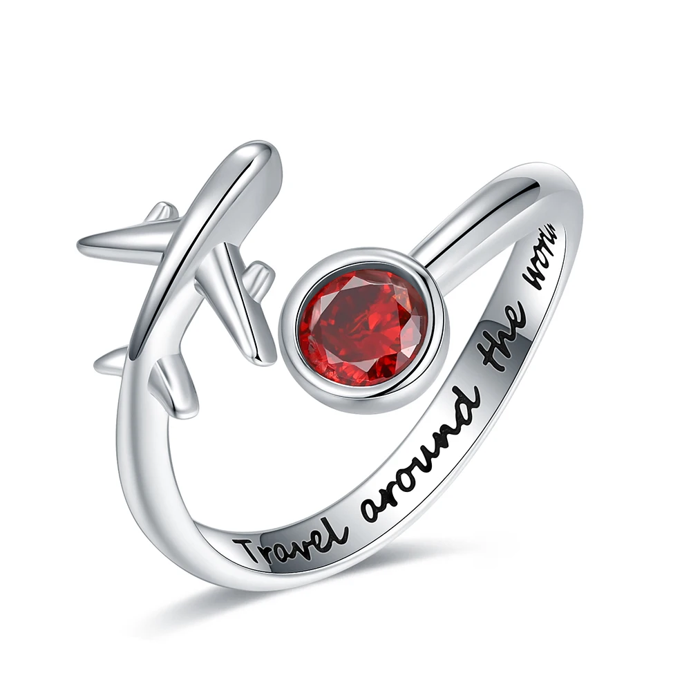 

925 Sterling Silver Adjustable Open Airplane Rings Engraved "Travel Around the Word"Engagement Ring Gifts for Women Teen Girls