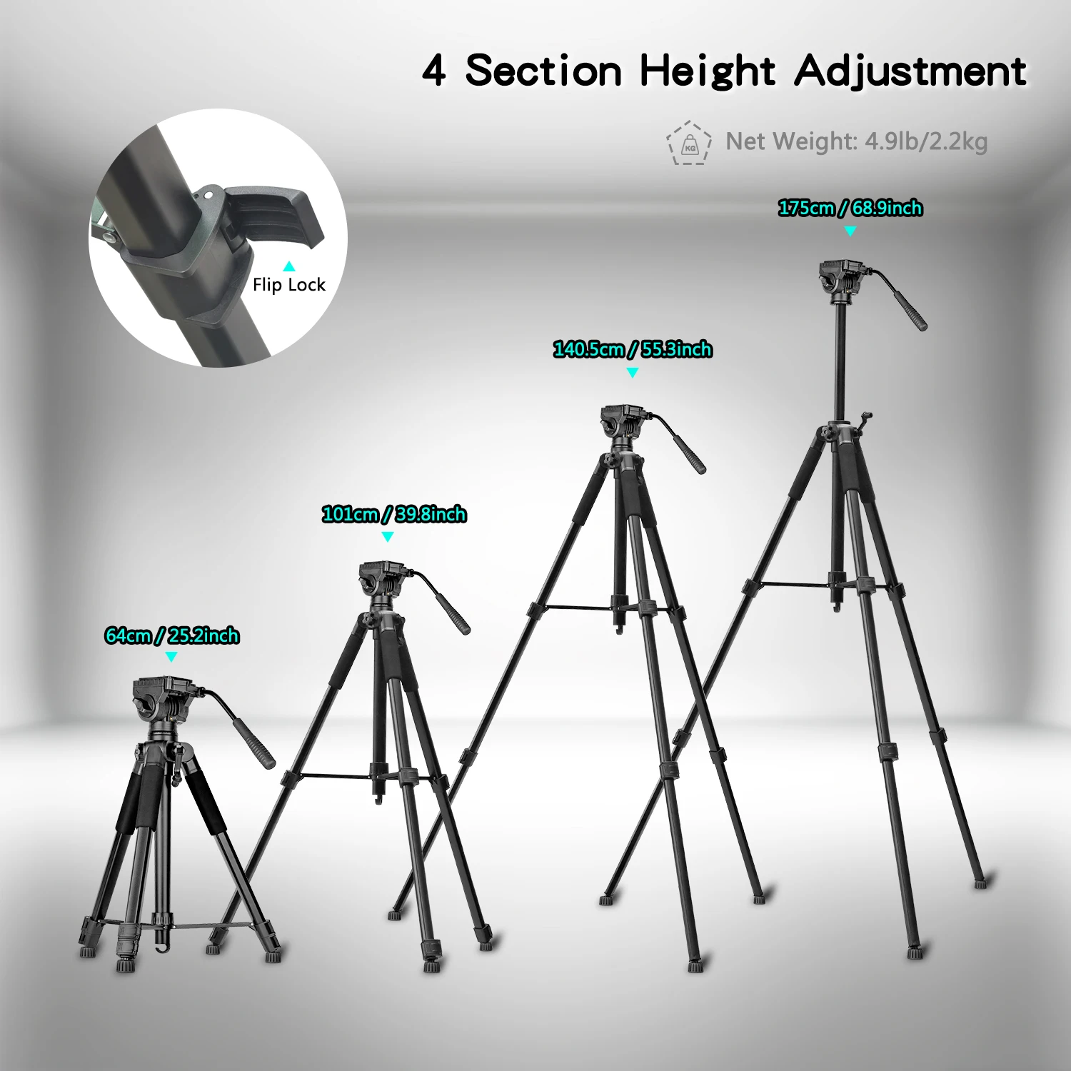 Видеоштатив, сверхмощный штатив 175 см/68,9 дюйма с жидкостной головкой на 360 градусов и быстросъемной пластиной для зеркальных фотокамер, видеокамер, камер