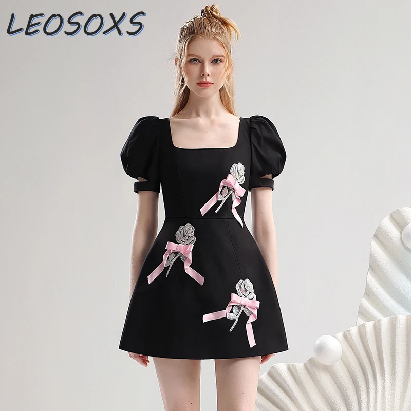 

Designer Model Romantic Puff Short Sleeve Dress 2024 Summer New Three-Dimensional Sequins Rose Bow Contrast Color Black Dress