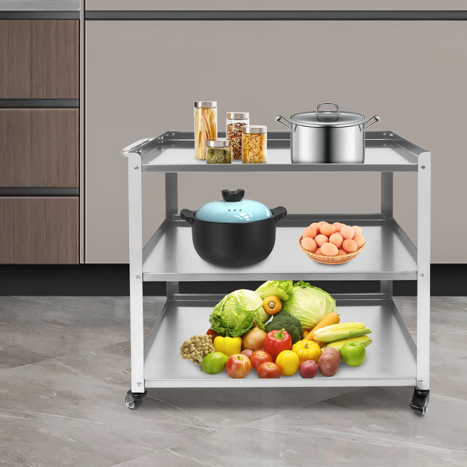 Carro de cocina de 3 niveles con ruedas universales, carro rodante de almacenamiento para servir utilidad de acero inoxidable