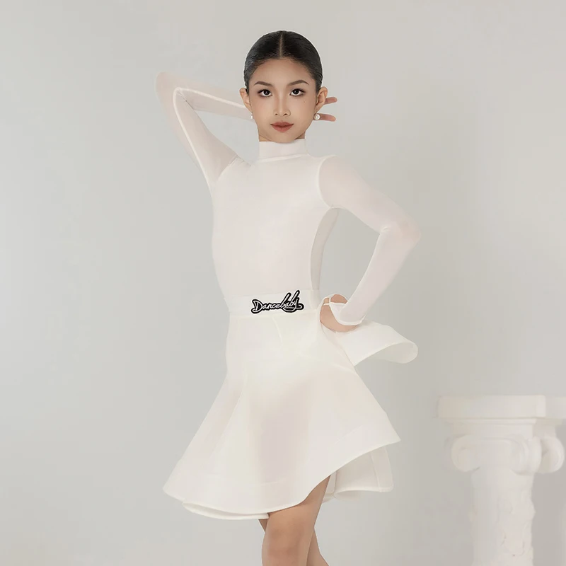 Weiß Latin Dance Lange Ärmel Cha Cha Rumba Kleidung Mädchen Kinder Samba Tanz Praxis Wettbewerb Kleid Samt Tanz Kleid