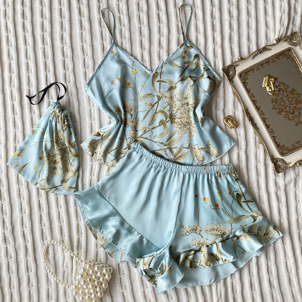 Four Seasons Home Living Sexy Elegant Floral Print Cami Tops Ruffle Hem Shorts Pajama Set  Women's Sleepwear Loungewear