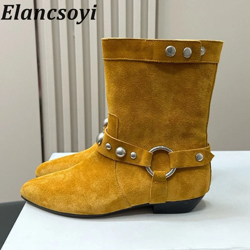 

Pointed Toe Cow Suede Flat Mid calf Boots Women's Metal Rivet Decorative Short Boots Female Spring Autumn Commuting Shoes 2024