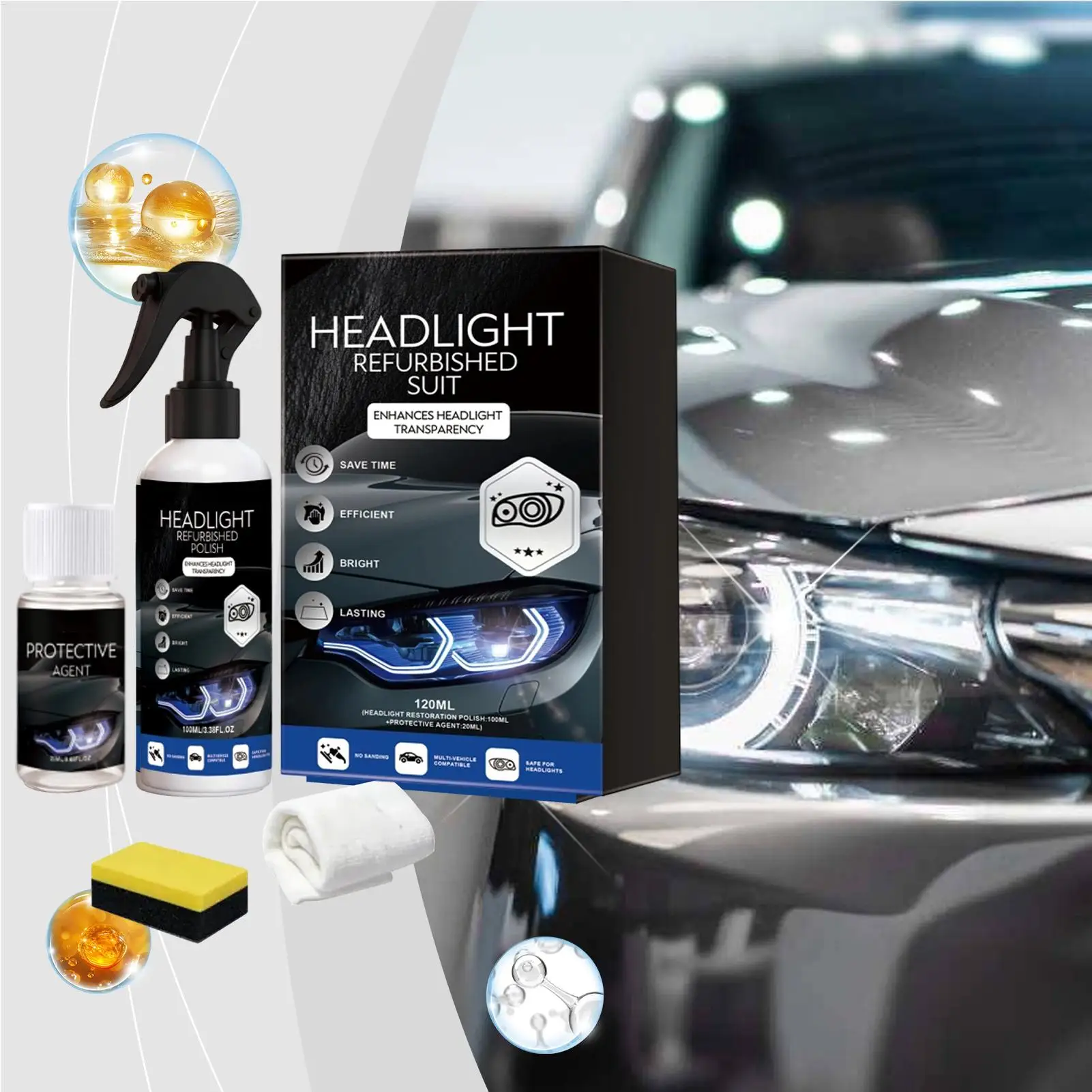 

Car Headlight Restore Stain Scratch Removal With Sponge And Towel Automotive Headlamp Restoration Fluid For Truck SUV Motorcycle