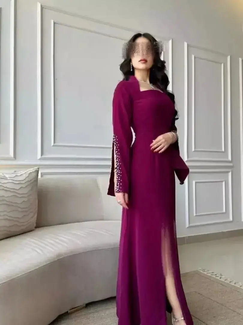 Pale Brown Square A-line Prom Dress Satin Long Sleeve Evening Party Dresses Lace High Side Split Floor Length فساتين سهرة