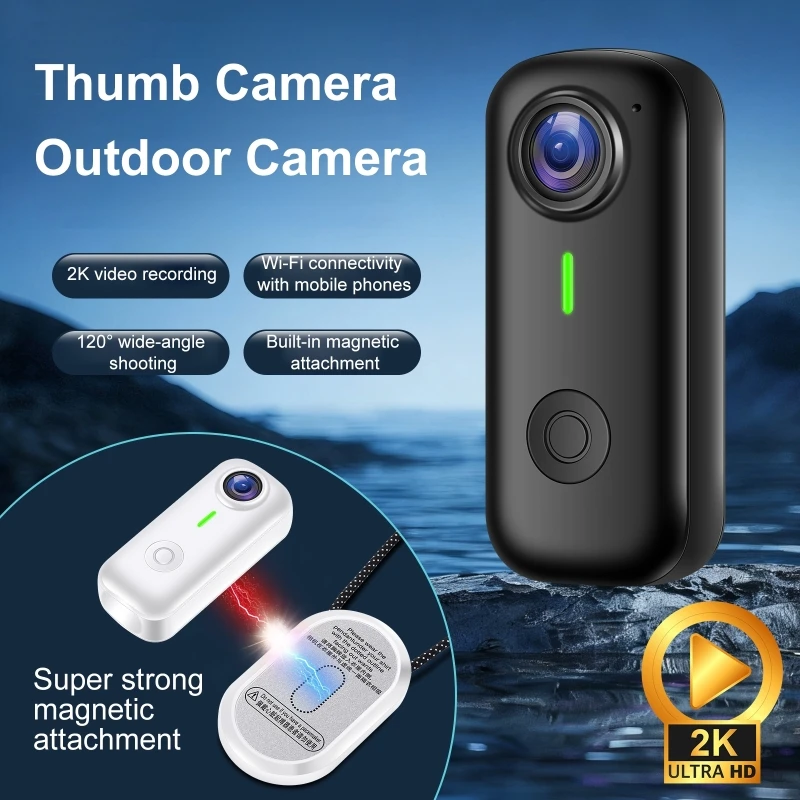 

2K WIFI Pocket Camera Magnetic Wearable Camcorder 120° Wide-Angle Shooting Portable Action Thumb Cam for Casual Cycling Vlog