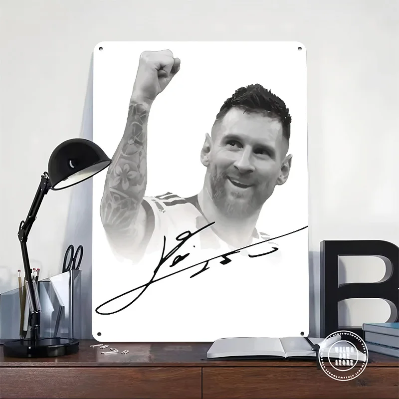 Lionel Messi Portrait With Signature Personalized 3D Textured Metal Poster Wall Art Vintage Tin Signs for Home Decoration Gaming