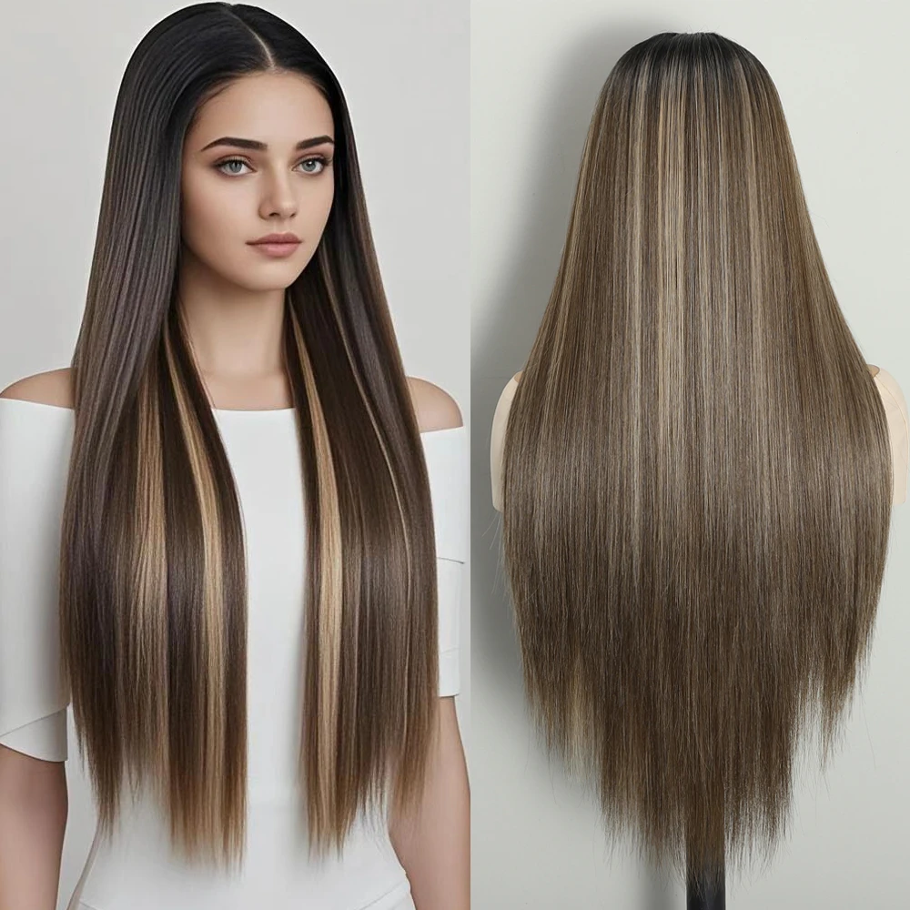 

Straight Synthetic 13*5*0.5 T Part Lace Wigs For Women Ombre Brown Red Blonde Lace Wig 28 Inch Heat Resistant Cosplay Wigs