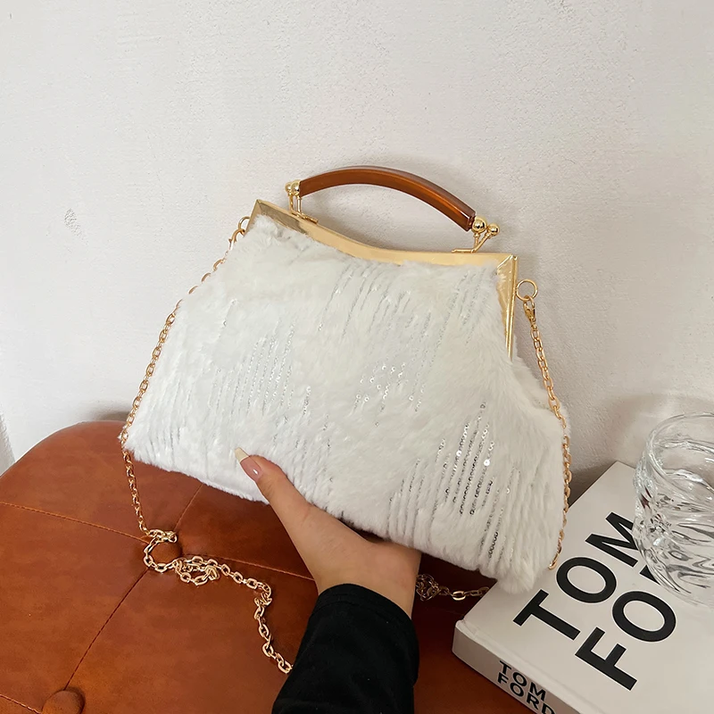 New Ladies Embroidered Crossbody Bag Small Metal Handle Shoulder Purse with Detachable Chain Strap Fashion Casual Handbag wallet