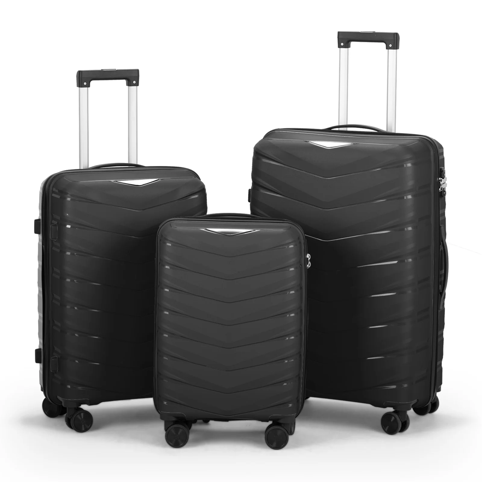 V-striped 3-in-1 PP trolley case 20in 24in 28in PP iron trolley classic color - black (grained pattern)