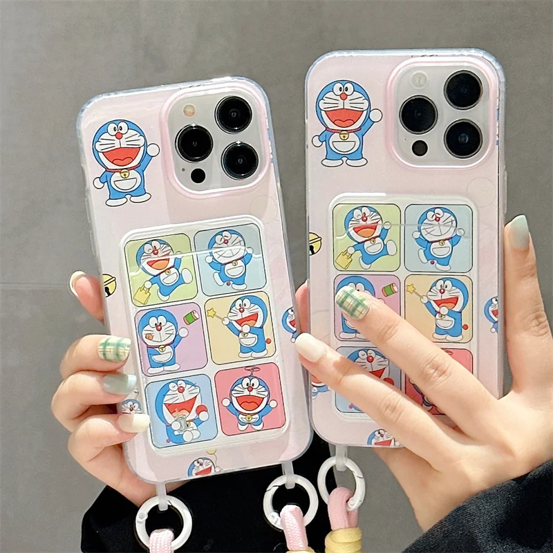 3D Anime Cartoon Cute D-Doraemon Wallet Card Bag Bracelete Lanyard Soft Phone Cover For iPhone 13 12 1114 15 Pro Max Lovely Case