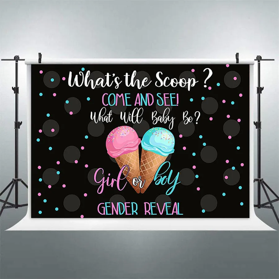 

What's The Scoop Ice Cream Gender Reveal Photo Background Girl or Boy Pink or Blue Polka Dots Party Poster Wall Banner Backdrop