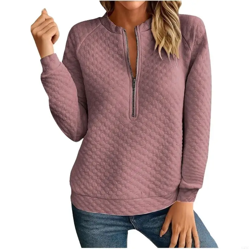

L5YC Women Half Zip Up Quilted Sweatshirt Lightweight Long Sleeve Loose Fall Fashion Textured Pullover Tops