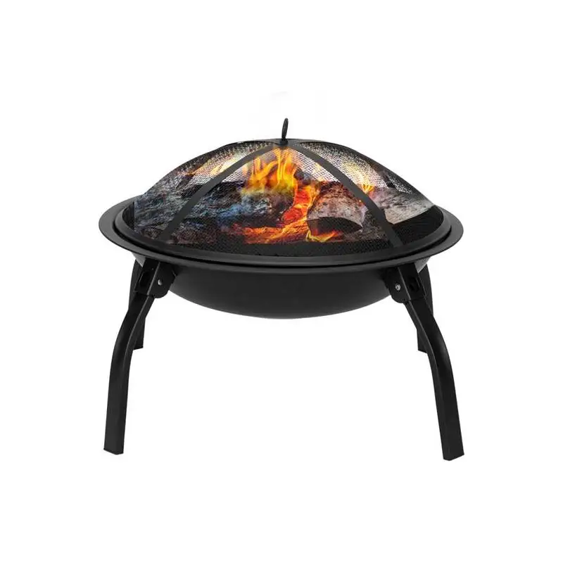 

22-Inch Folding Iron Fire Pit - Four-Legged Wood Burning Brazier for Backyard & Poolside Decoration