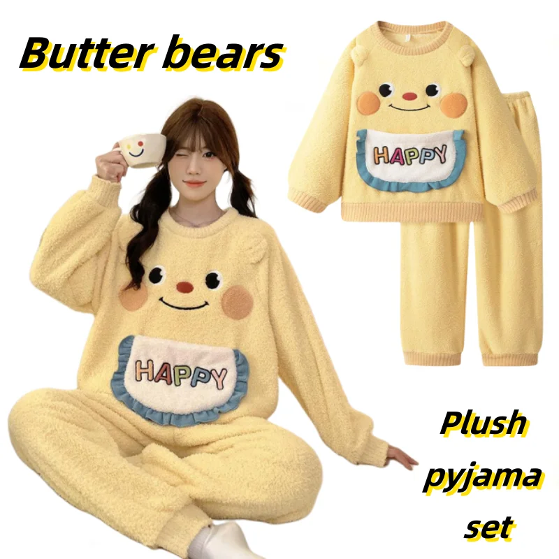 Butter Bears Crewneck Velvet Long-sleeved Loungewear Set Warm and Soft Pajamas Bedroom Laundry Schoolgirl Holiday Gifts Cartoon