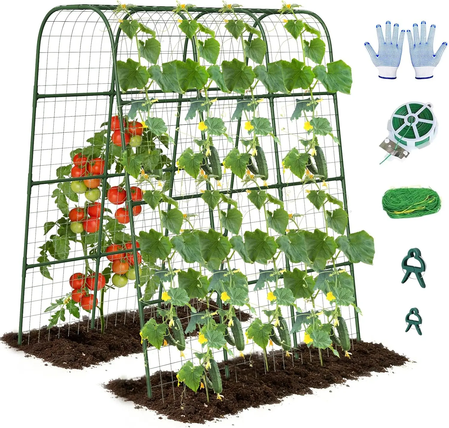Enrejado para pepinos para macetas elevadas, enrejado de jardín en forma de U de 63"x47.2" para plantas trepadoras de exterior con red de trepar, metal A