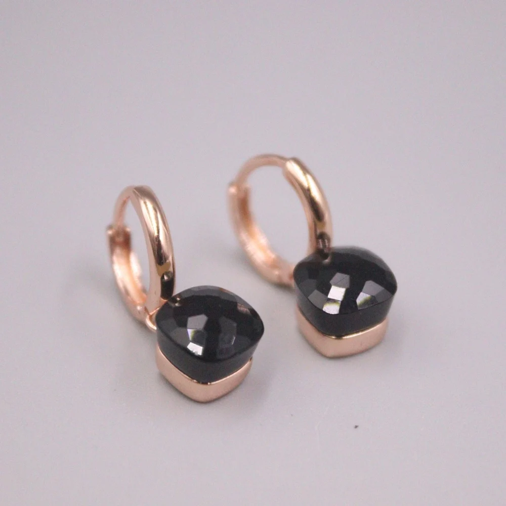 

Real Solid 925 Sterling Silver Hoop Women Lucky Carved Black Agate Square Dangle Earrings