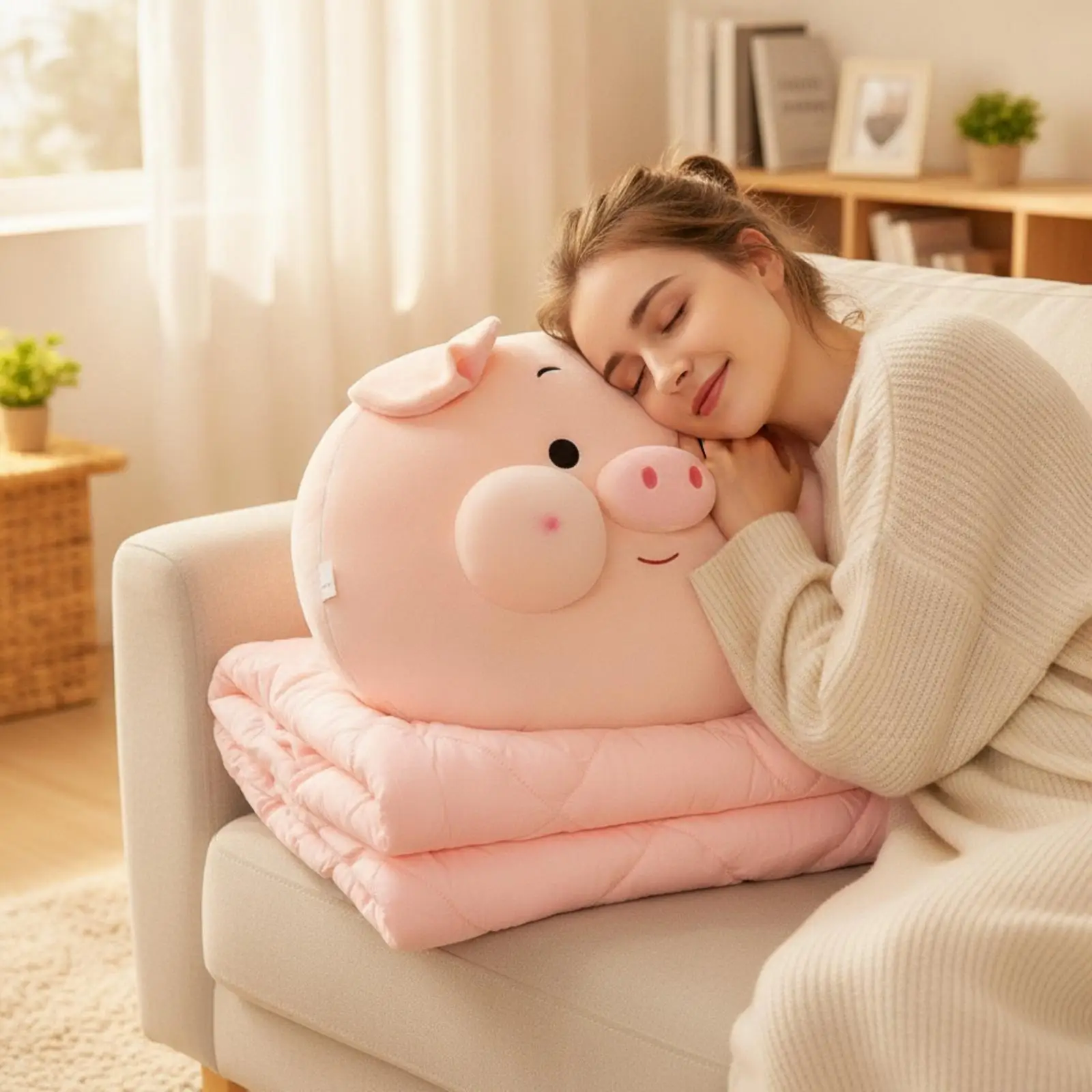 Children Pillow Blanket Pig Shaped Stuffed Cushion Blanket Cozy Pink Quilt for Travel Nap and Sofa