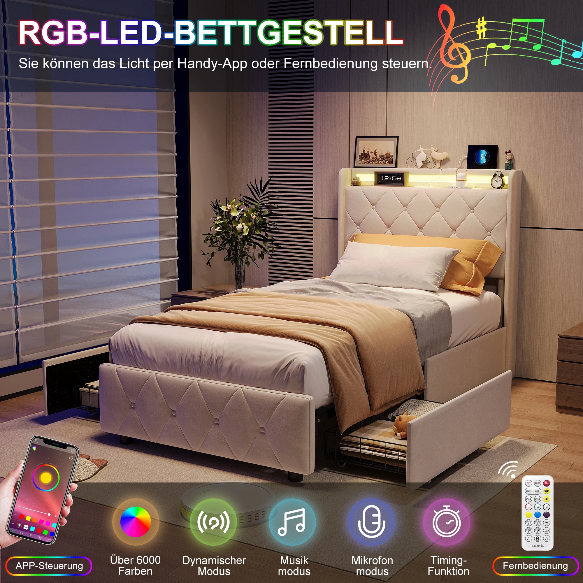 Letto singolo Rosahqnda 90 x 200 cm, Letto per ragazzi con 2 cassetti, Doghe in legno, Letto per bambini, Letto contenitore, Luce LED, tessuto in flanella